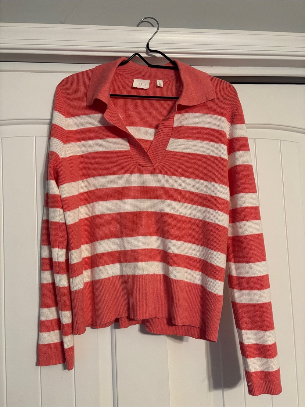 Cyrus Coral and White Striped Polo V-Neck Sweater
